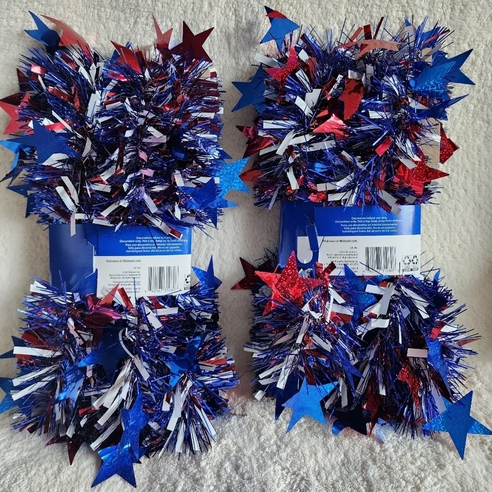 New American 4th of July Patriotic Tinsel garland bundle of 2, 9 ft each
